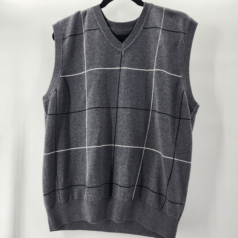 PGA Tour Sweater‎ Vest Cotton Pinstipe Print Gray Sleeveless Men Large